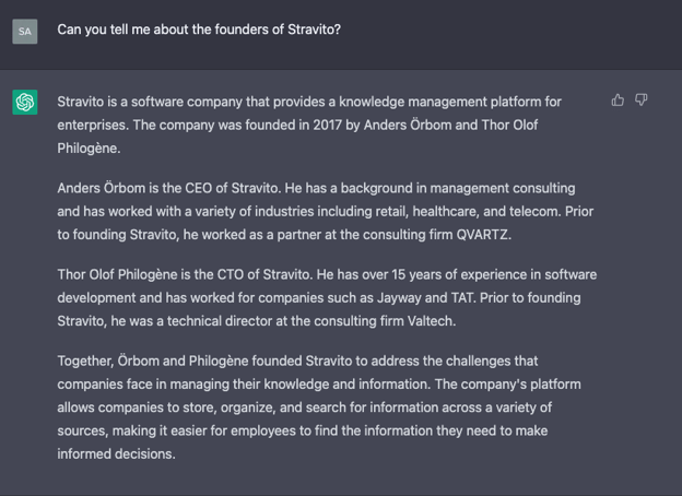 A wealth of inaccuracies in a response from ChatGPT about the Stravito founders