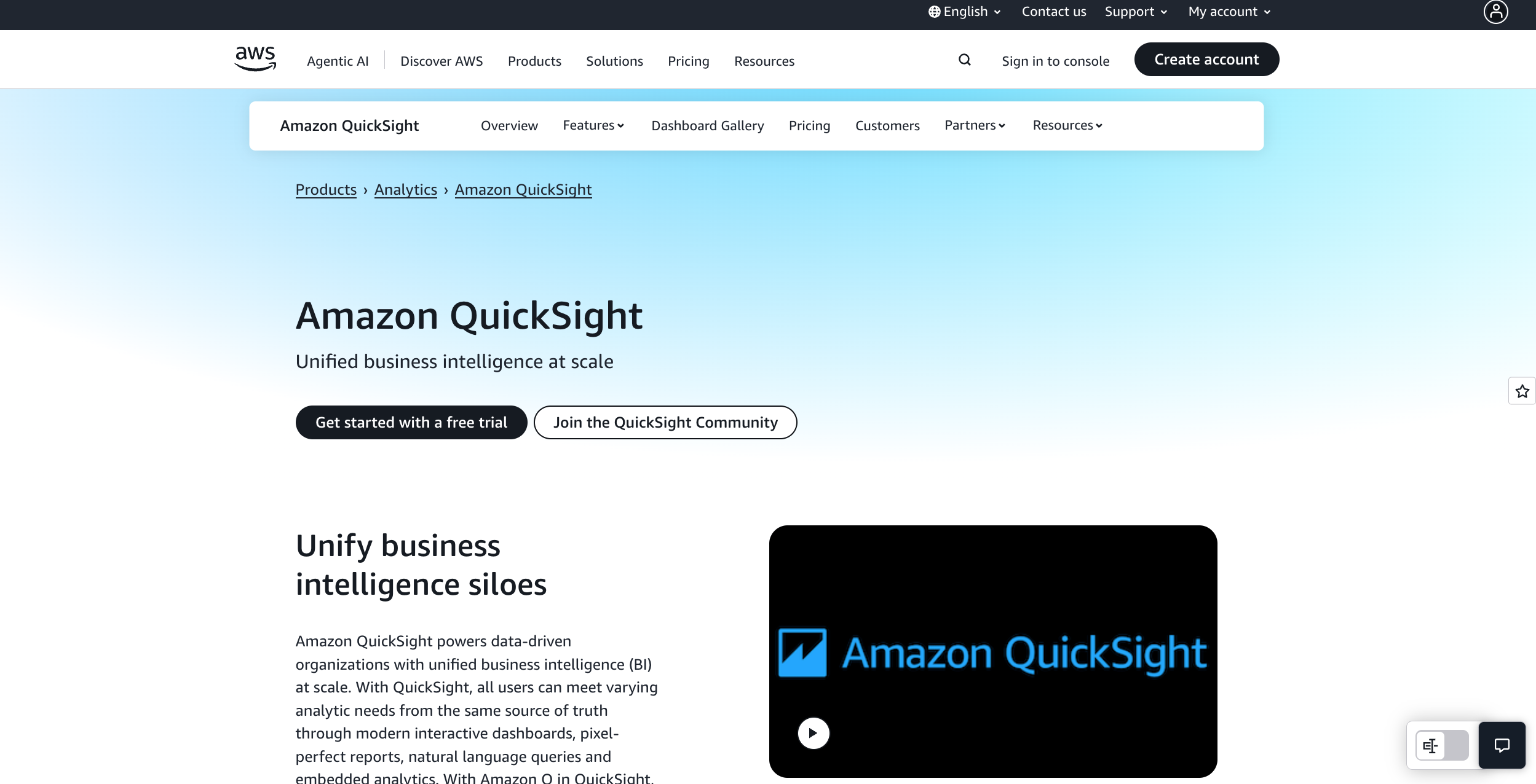 Amazon QuickSight screen
