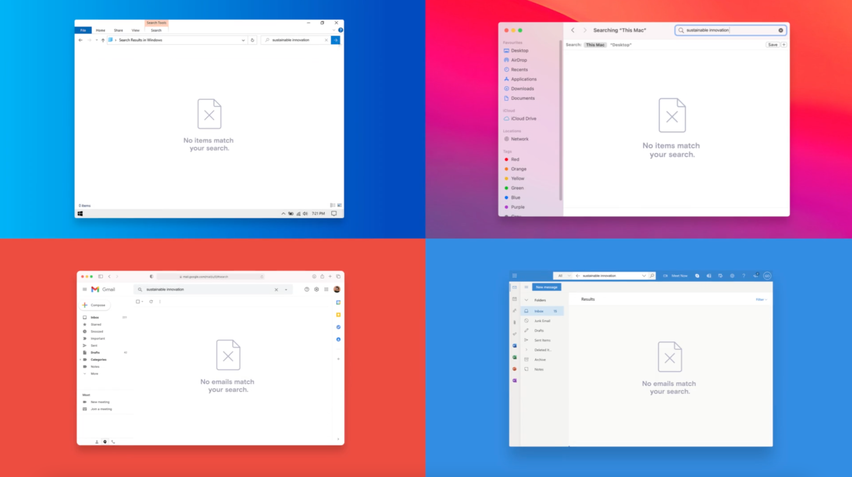 Searches in Gmail, Microsoft Outlook, Finder, and Windows Explorer showing no results