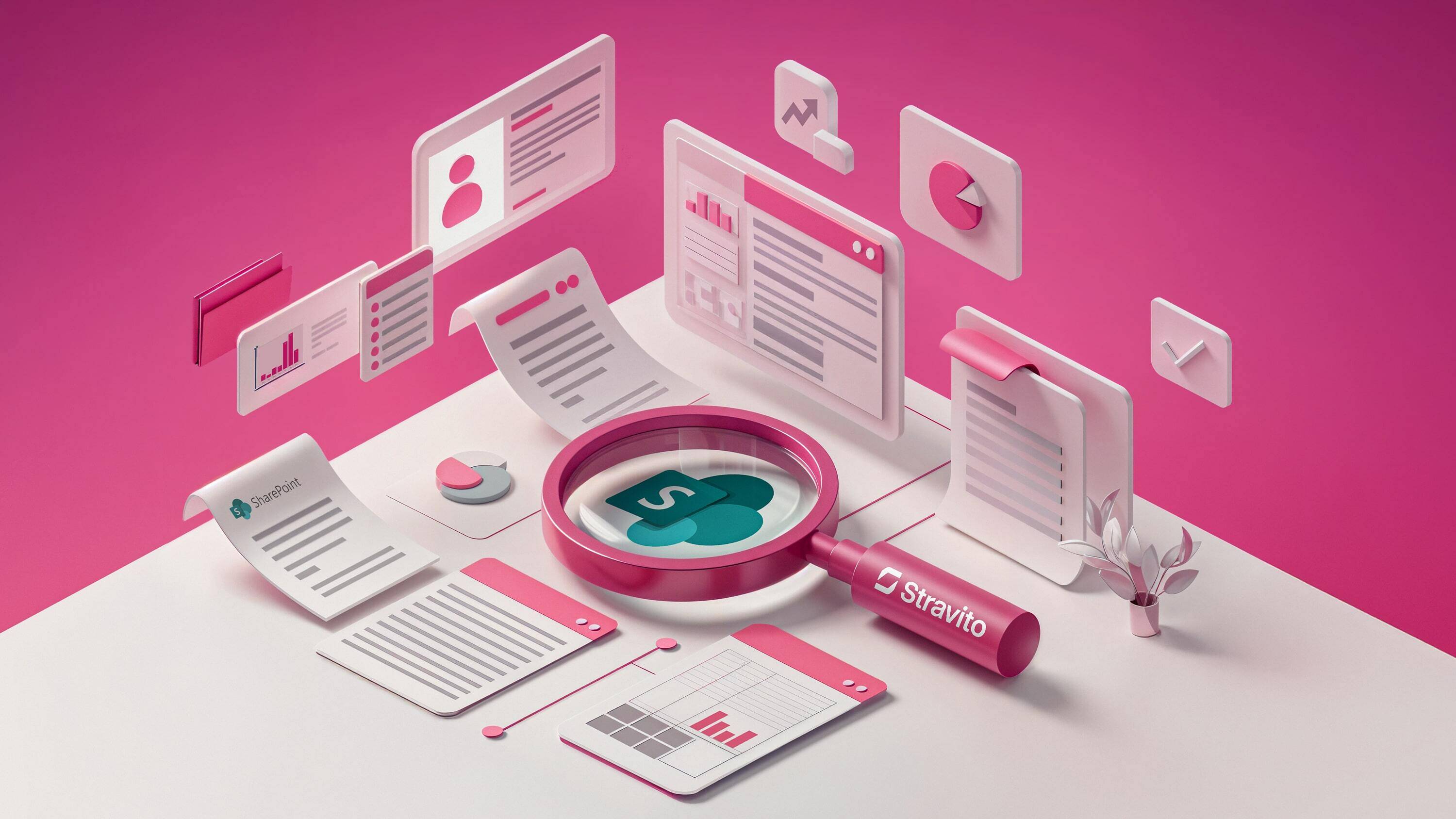 Image of a magnifying glass and surrounding documents, illustrating how Stravito provides a single overview of all your Sharepoint documents.