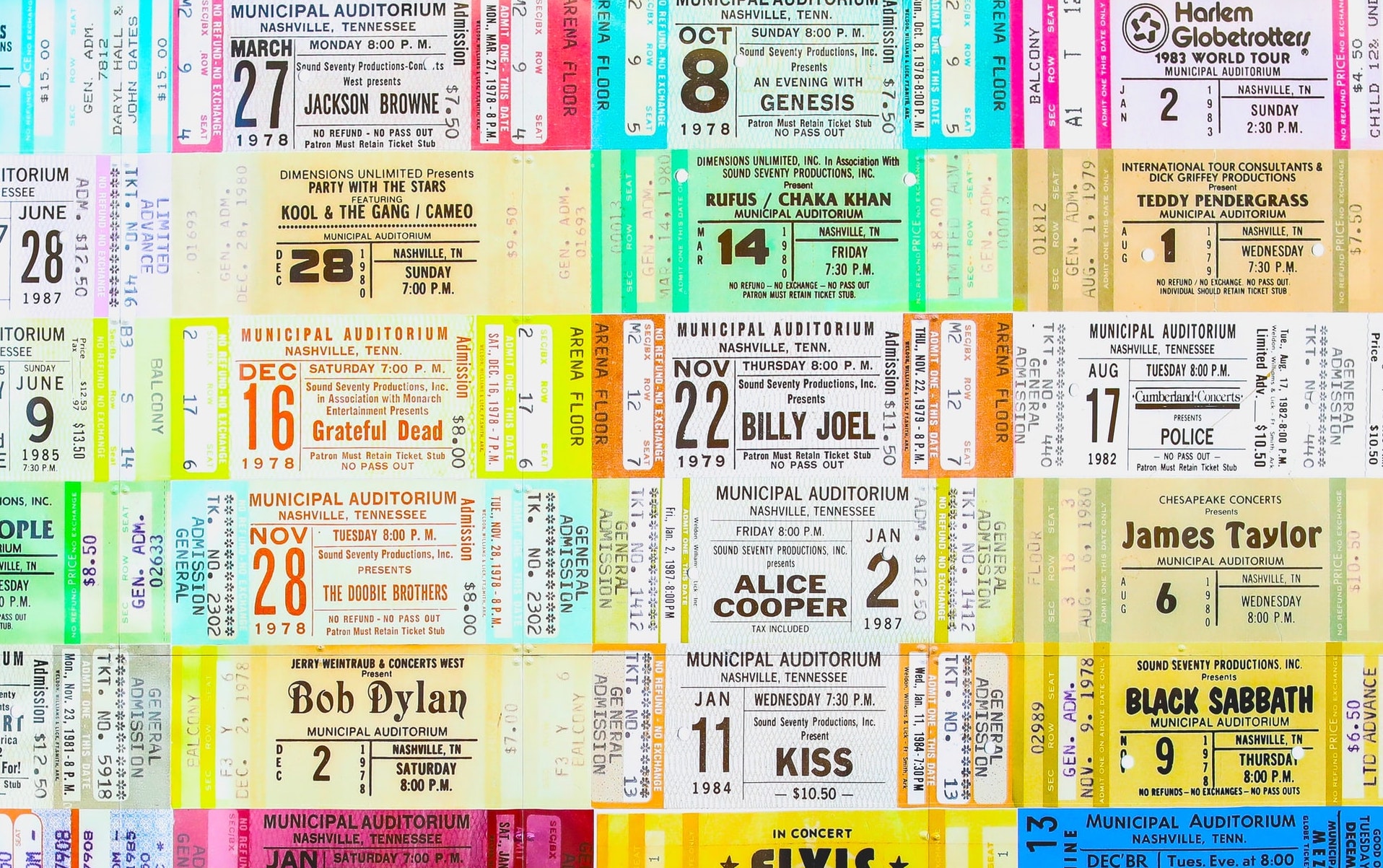 tickets from different concerts in Nashville, TN