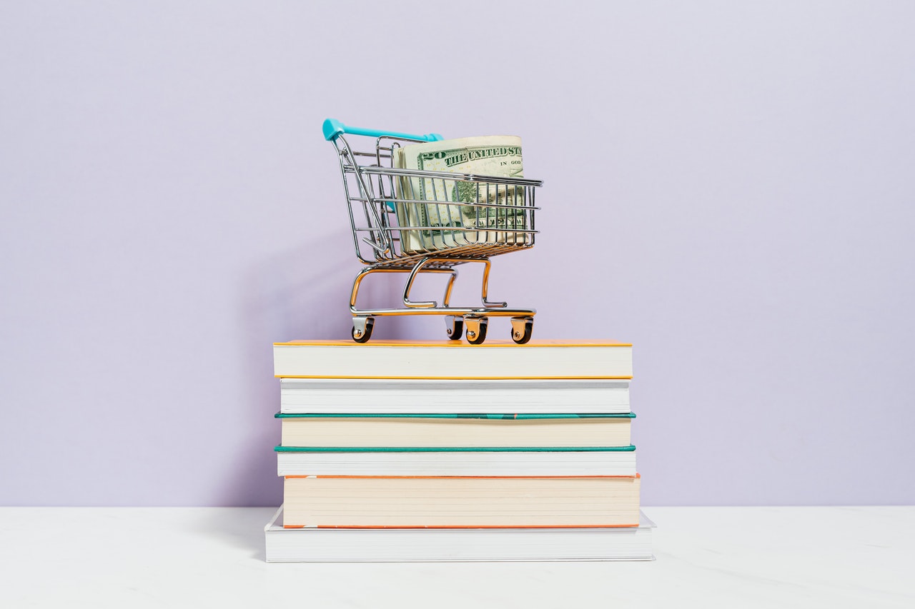 small shopping cart with money inside on a pile of books