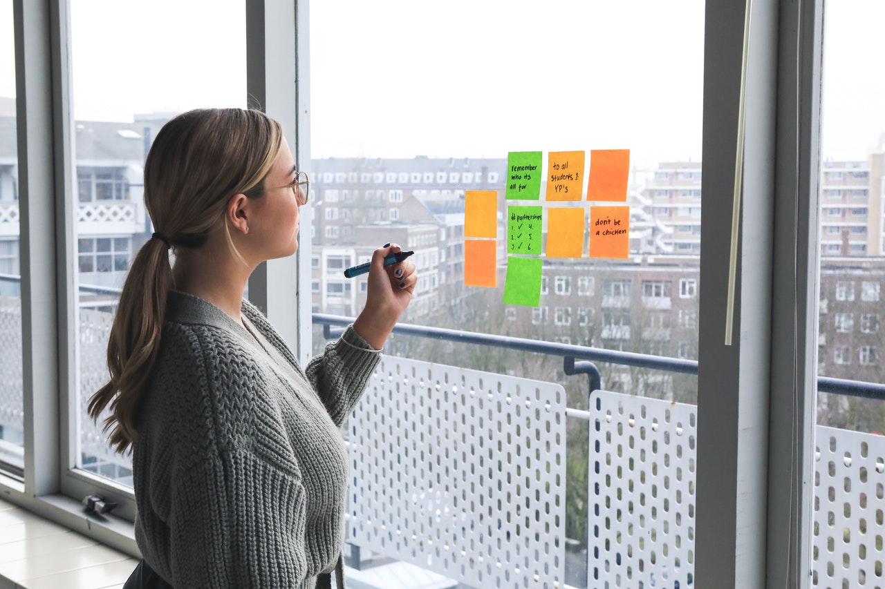 Businesswoman brainstorming with sticky notes on a window