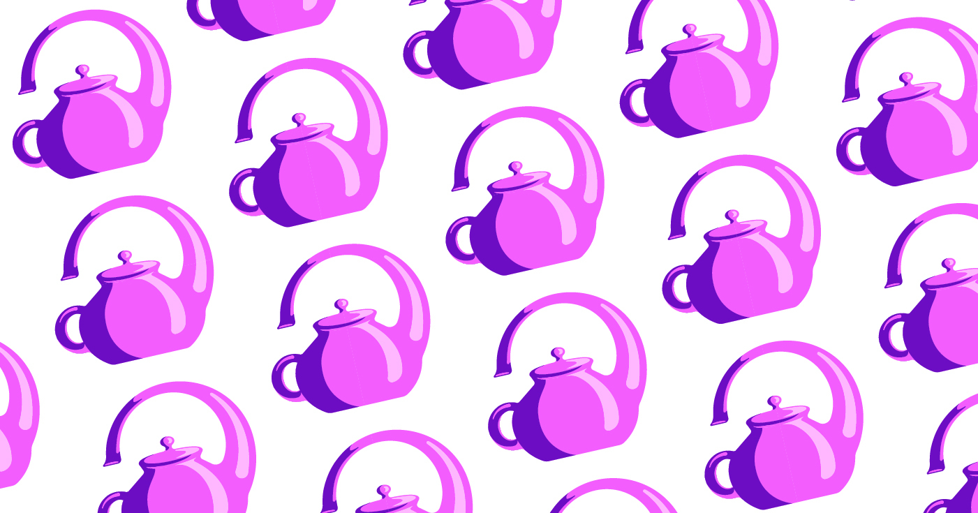 pink and purple teapots with spouts that pour over the handle